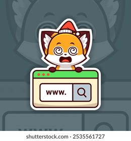 Dizzy Christmas Fox Holding a Web Search Icon, Sticker Design Vector