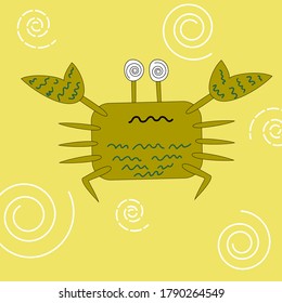 Dizzy crab with waves on a background of spirals. Cartoon emotional sea animal. Vector illustration