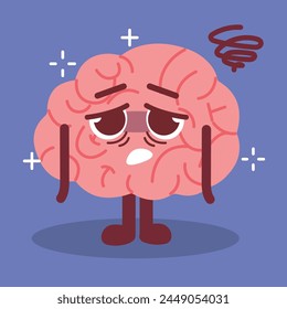 Dizzy Cute Brain Character feel Confused and Tired Doodle Illustration Vector Asset