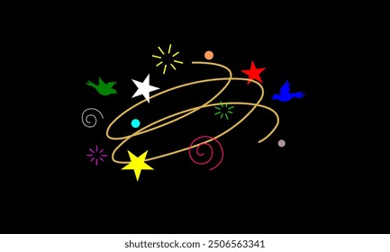 Dizzy expression. Symbol of trance,flying stars with orbit traces white,red,yellow color on black background.