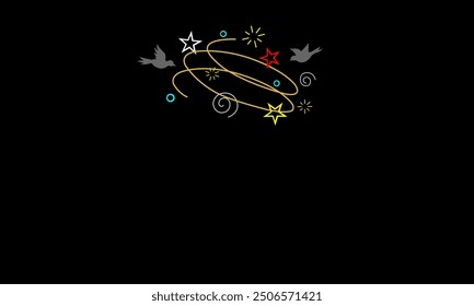 Dizzy expression. Symbol of trance,flying stars with orbit traces white,red,yellow color on black background.