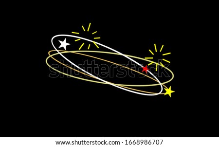Dizzy expression.Flying stars with orbit traces white,red,yellow color on black background.
