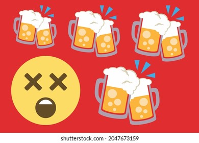 Dizzy face with clinking beer mugs on red background,emoji concept vector illustration