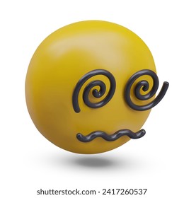 Dizzy face. Confused 3D emoticon with uncertain feelings. Yellow round head with spirals instead of eyes. Comic vector character full of emotions. Silly mood