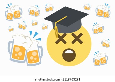 dizzy face emoji with graduation cap amid clinking beer mugs on a white background,vector illustration