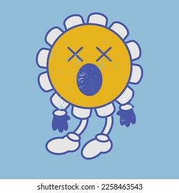 Dizzy face retro chamomile flower emoji. Dead smile vintage 50s 60s 70s style retro flower naive emoticon. Worn effect texture. Vector cartoon hero with eyes, mouth, hands, legs.