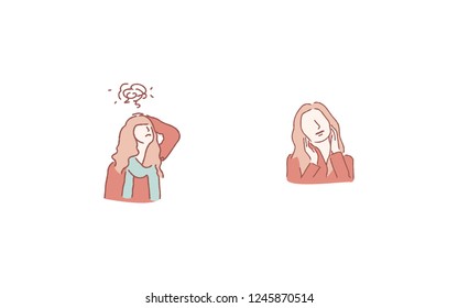 dizzy girl versus smile girl. illustration with hand drawn or doodle style vector design