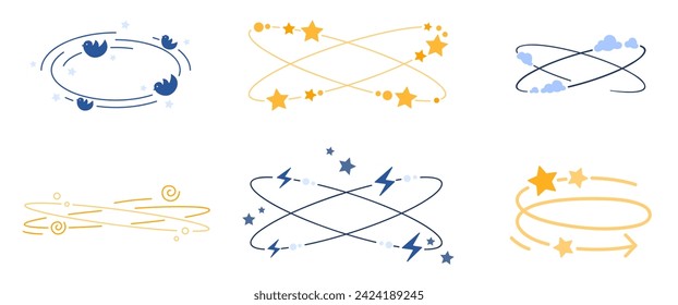 Iconos de línea Dizzy. Símbolos vértigo y mareo colección con estrellas y nubes de movimiento, pájaros voladores y garabatos, dolor de cabeza y sensación estúpida, metáfora de resaca ilustración vectorial