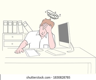 A dizzy man thinking about his job at the office desk.  Hand drawn style vector design illustrations