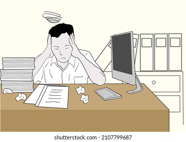 A dizzy man thinking about his job at the office desk. Hand drawn style vector design illustrations