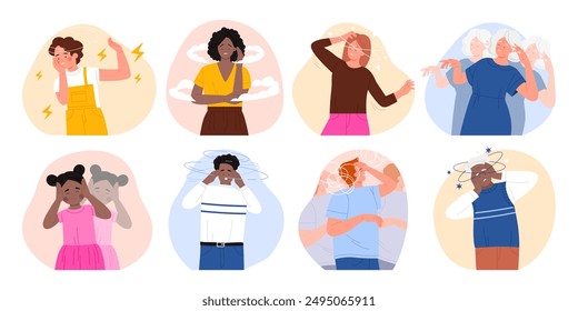 Dizzy people set. Sad woman and man feeling vertigo and headache, sick young and old characters with lightheadedness and stress, sign of star and cloud movement above head cartoon vector illustration