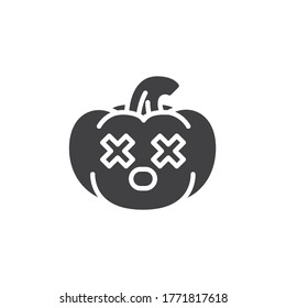 Dizzy pumpkin face emoji vector icon. filled flat sign for mobile concept and web design. Pumpkin emoticon with crossed eyes glyph icon. Symbol, logo illustration. Vector graphics