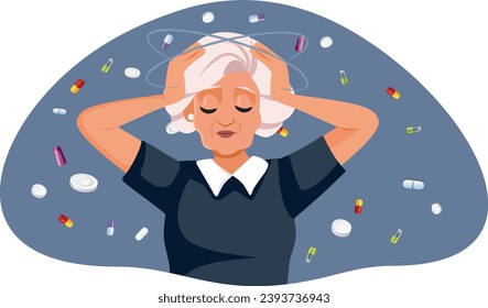 
Dizzy Senior Elderly Woman Having Vertigo Vector Concept Illustration. Stressed and depressed older patient in need for treatment 
