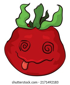 Dizzy tomato character in cartoon style with eyes like spirals and tongue out.