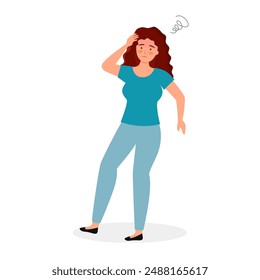 Dizzy woman fainting, falling down. Female feeling unwell, unhealthy, dizziness, vertigo, headache. Young lady falls from weakness.