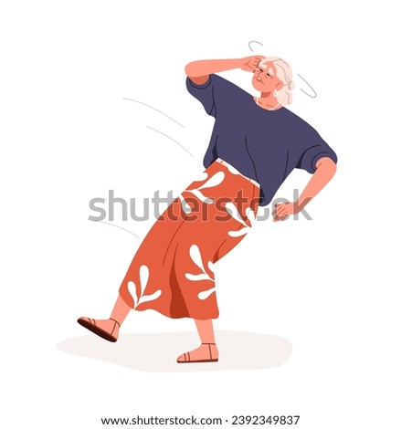 Dizzy woman fainting, falling down. Old senior person feeling unwell, unhealthy, dizziness, vertigo, headache. Elderly lady falls from weakness. Flat vector illustration isolated on white background