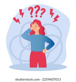 Dizzy with worries. A young woman is dizzy with problems. Woman thinks about something and looks at question marks yes or no. Vector illustration. 