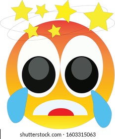 Dizzy yellow emoji seeing stars over head and having tears in eyes. Yellow emoticon face with wide open eyes filled with tears, open mouth, and with stars circling over its head. Confused, dizzy, sad.