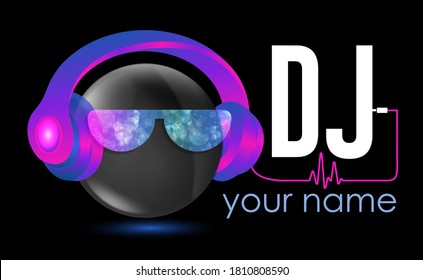 Dj 3D Logo Design. Creative vector logo design with headphones and DJ with glasses. Music logotype. For accessory, brand, identity, logotype, company, shop, dj party. Black background. Mp3 sign.