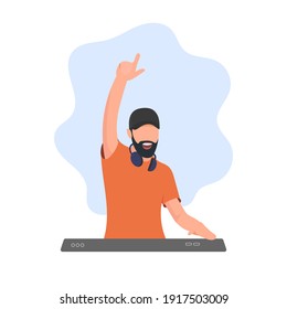 DJ in action. Electronic music concert. EDM artist. Live dance party. Male disc jockey in the club. Nightclub scene. Nightlife concept. Professional musician. Flat vector character illustration.