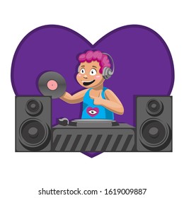 DJ with album DJ Desk mixing the music of the dynamics of the heart. Vector image. Cartoon. eps 10