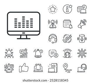DJ app sign. Place location, technology and smart speaker outline icons. Music making line icon. Musical device symbol. Music making line sign. Influencer, brand ambassador icon. Vector