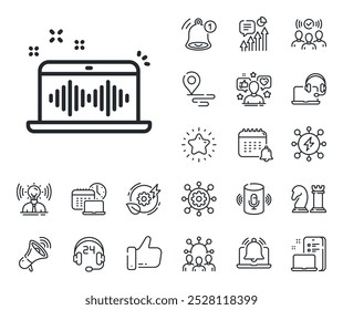 Sinal de app DJ. Posicione os ícones de localização, tecnologia e contorno de alto-falante inteligente. Ícone de linha de criação de música. Símbolo do dispositivo musical. Sinal de linha de criação de música. Influenciador, ícone do embaixador da marca. Vetor