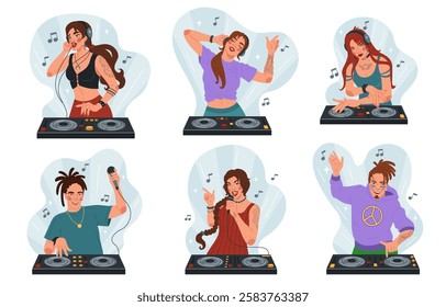 DJ artist. Disc jockey. Character play music to turntable. Sound club with dancing people. Woman and man at discotheque mixer. Disco nightclub. Electronic track. Vinyl audio. Vector tidy musical set