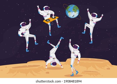 Dj and Astronaut Characters Dancing with Turntable in Open Space on Alien Planet or Moon Surface. Spacemen Listen Music Dance in Cosmos Weightlessness, Galaxy Party. Cartoon People Vector Illustration