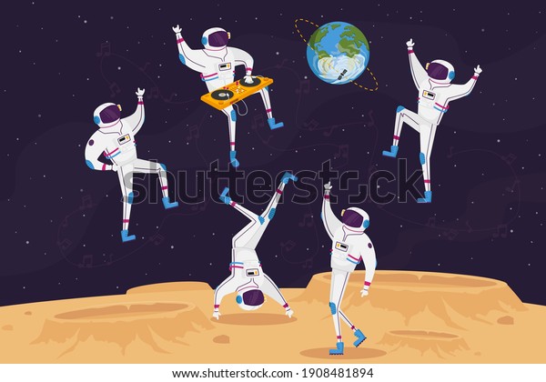 Dj and Astronaut Characters Dancing with\
Turntable in Open Space on Alien Planet or Moon Surface. Spacemen\
Listen Music Dance in Cosmos Weightlessness, Galaxy Party. Cartoon\
People Vector Illustration