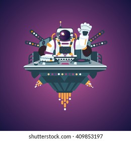 Dj astronaut with turntable in a nightclub. Space party. Flat style illustration. Music poster.