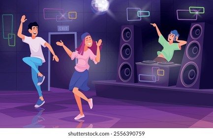 Dj background. Party in night club with active dancers and dj musicians exact vector illustrations