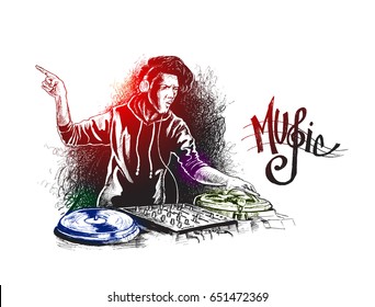 DJ with the beard mixing music on turntables, Hand Drawn Sketch Vector illustration. 