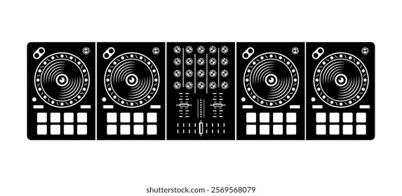 Dj big setup, four decks mixer controller vector illustration in black style isolated on white background