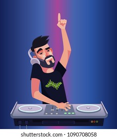 DJ boy man character mixer making music and having fun. Night club disco bar isolated cartoon vector illustration