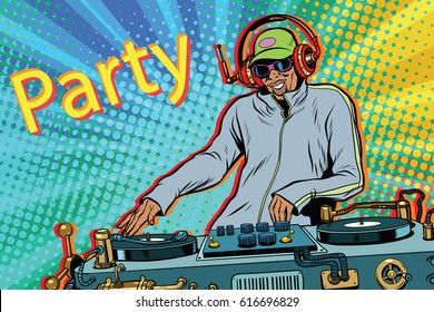 DJ boy party mix music. Pop art retro vector illustration. African American people