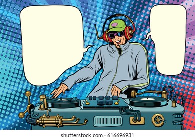 DJ boy party mix music. Pop art retro vector illustration