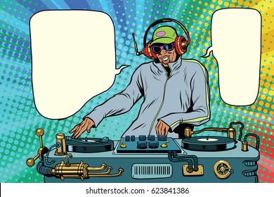 DJ boy party mix music. Pop art retro vector illustration. African American people