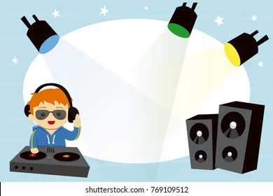 Dj boy photo frame in the party. Vector illustration for kids