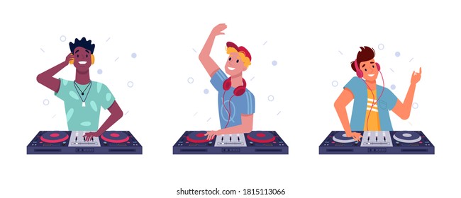 DJ boys play music in headphones, spinning discs on turntable, vector isolated flat set. DJ guys of different nationalities black or Afro American, Latino and white European, playing music records