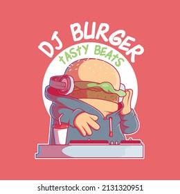 Dj Burger mixing music vector illustration. Food, music, funny, brand design concept.