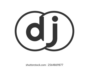 DJ business company emblem with outline rounds and letters d j. Logo template of two merged circles for brand identity, logotype. Vector Infinity symbol  and technology sign.