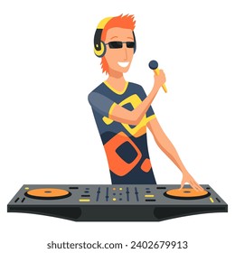 Dj character. Male party musician in headphones for event music record console vector people. Dj music party, musician in headphones illustration