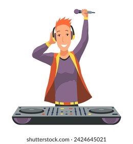 Dj character. Male party musician in headphones for event music record console vector people. Dj music party, musician in headphones illustration