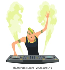 Dj character. Male party musician in headphones for event music record console vector people. Dj music party, musician in headphones illustration