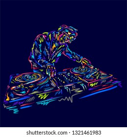 Dj character man vector illustration colorful music background with headphone on club party. Hand drawn sketch. Disco, dance, fun, festival vinyl. Hip hop