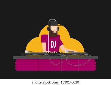 DJ character music. Musical entertainment. Flat vector illustration
