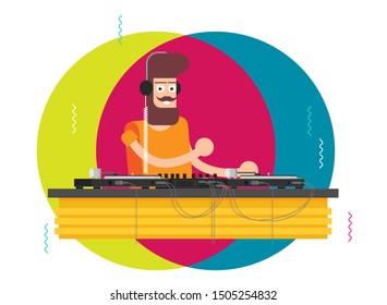 DJ character music. Musical entertainment. Flat vector illustration