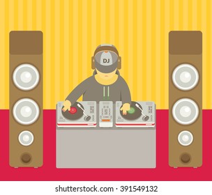 DJ character music. Musical entertainment. Flat vector illustration