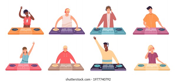 Dj characters at console. Female and male musicians with turntable mixer. Dj make dance music discotheque or nightclub vector set. Dj disco character with turntable electronic equipment illustration
